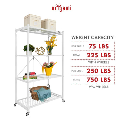 Origami 3-Pack R5-06W 4-Wheel 4-Shelf Folding Steel Wire Shelving Storage, White - 415204
