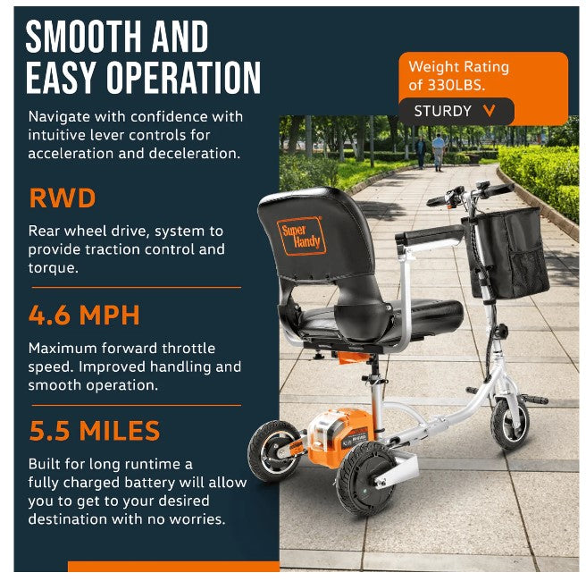 Super Handy GCAT021 Folding Mobility Scooter Plus with 3-Wheels Long Range 48V Brushless Motor and Extra Battery New Canada Only - GCAT021