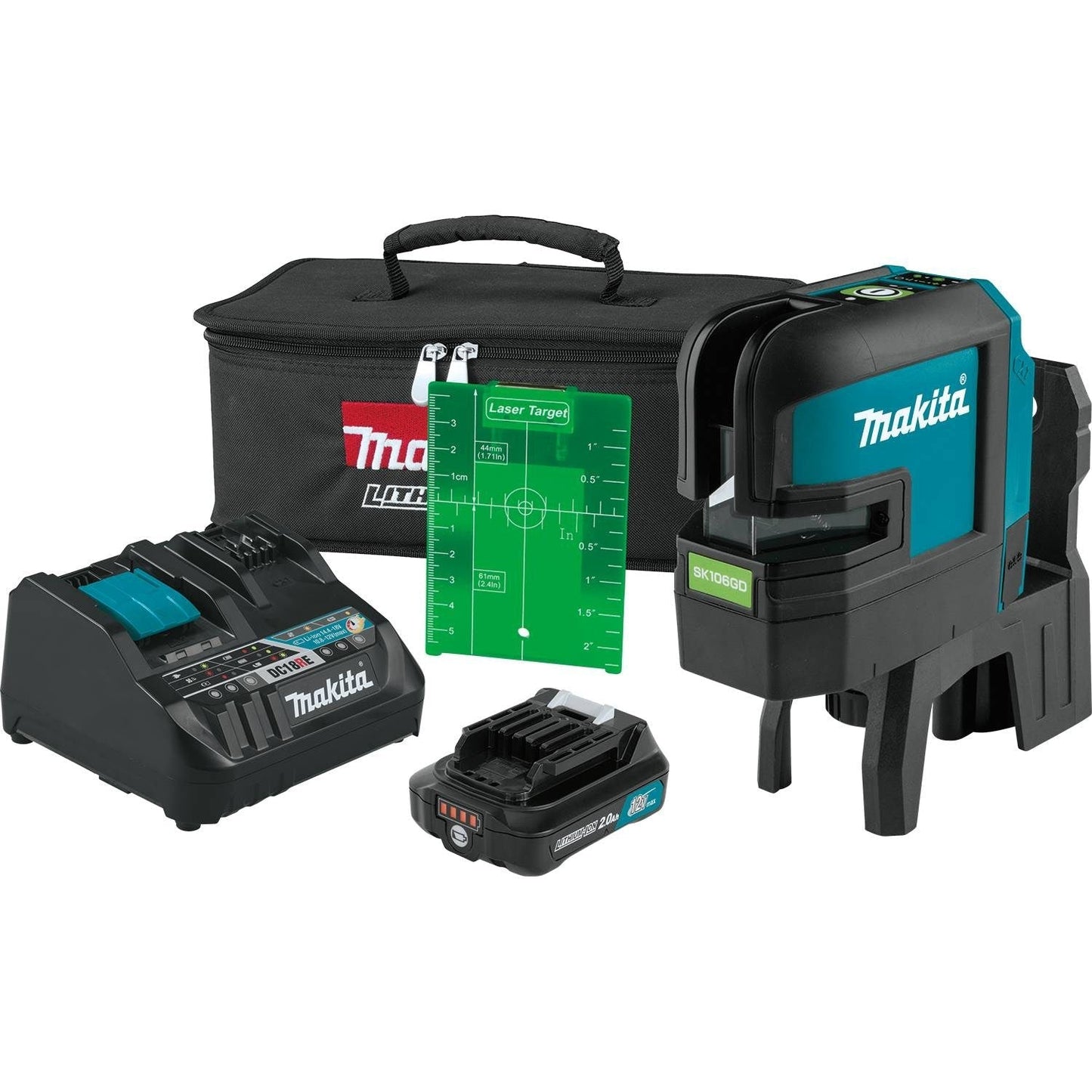 Makita  12V Max CXT Self-Leveling Cross-Line/4-Point Green Laser Kit, bag, with one battery - SK106GDNAX