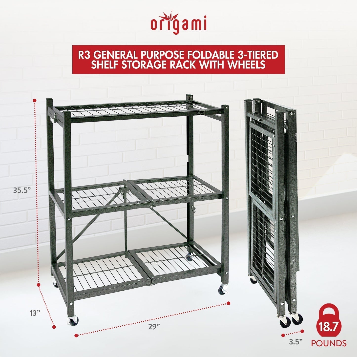 Origami R3 Foldable 3-Tiered Shelf Storage Rack & Wheels, Pewter (6 Pack) - 253009