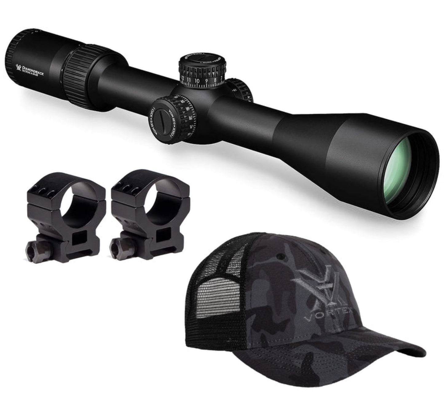 Vortex Optics Diamondback Tactical 6-24x50  (MOA) 30mm Tube Riflescope ( ) with 30mm High Rings (1.18in) Set and Free Black Camo Hat Bundle - DBK-10028