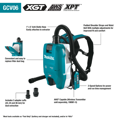 Makita 40V max XGT Brushless Cordless 1/2 Gallon HEPA Filter Backpack Dry Dust Extractor, AWS Capable, Tool Only - GCV06Z