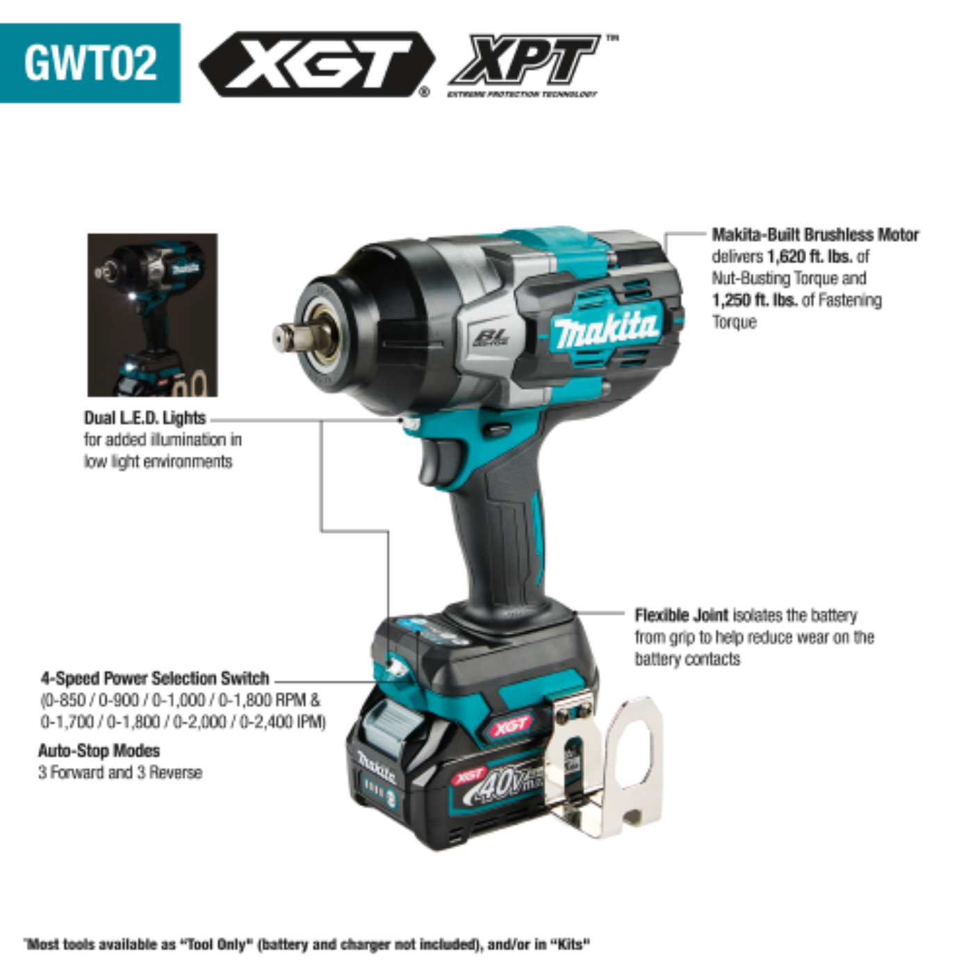 Makita 40V max XGT Brushless Cordless 4‑Speed High‑Torque 1/2" Sq. Drive Impact Wrench Kit w/ Friction Ring Anvil  - GWT02D