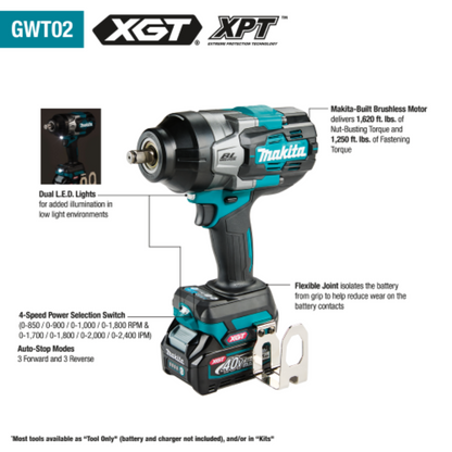 Makita 40V max XGT Brushless Cordless 4‑Speed High‑Torque 1/2" Sq. Drive Impact Wrench Kit w/ Friction Ring Anvil  - GWT02D