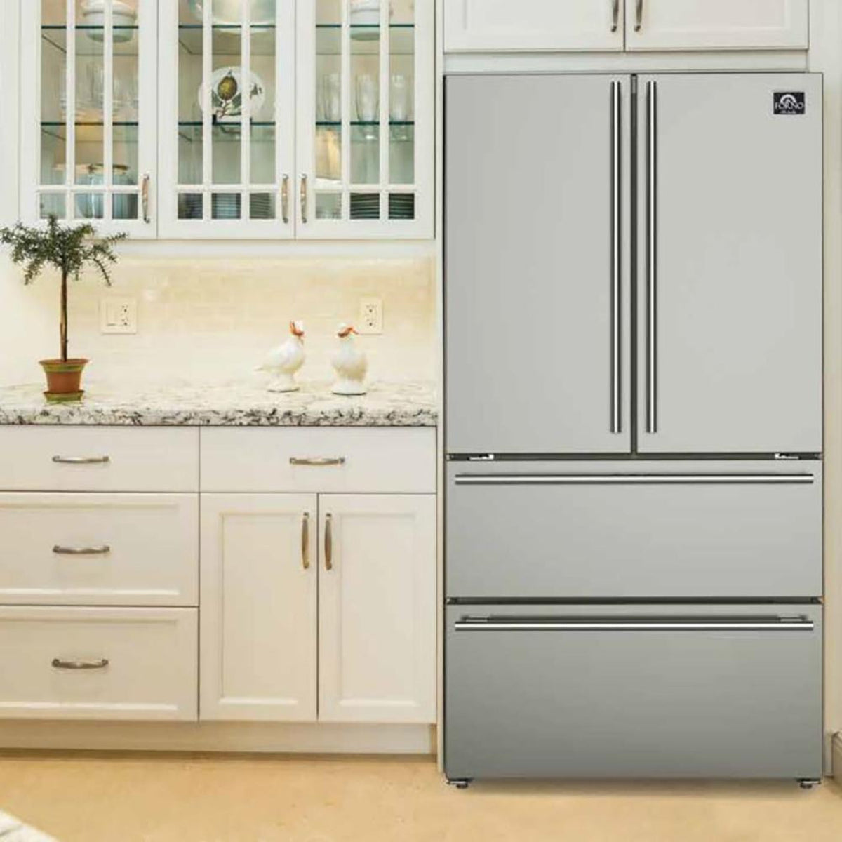 Forno 5-Piece Pro Appliance Package - 36-Inch Dual Fuel Range, Refrigerator, Wall Mount Hood, 24-Inch Microwave Oven, & 3-Rack Dishwasher in Stainless Steel - APR5-6187-36-H-MWO