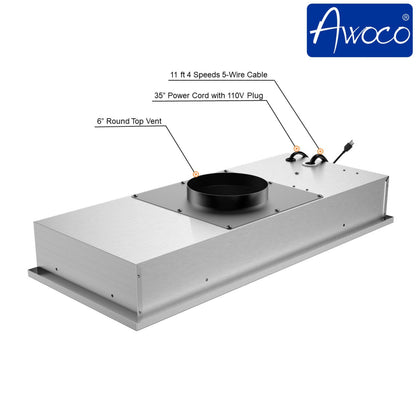 Awoco RH-IT08-R Ceiling Mount 14-1/2”D Super Quiet Split Stainless Steel Range Hood, 4-Speed, 1000 CFM, Mesh Filters, Remote Control with 8” Blower - RH-IT08-R30-COLD