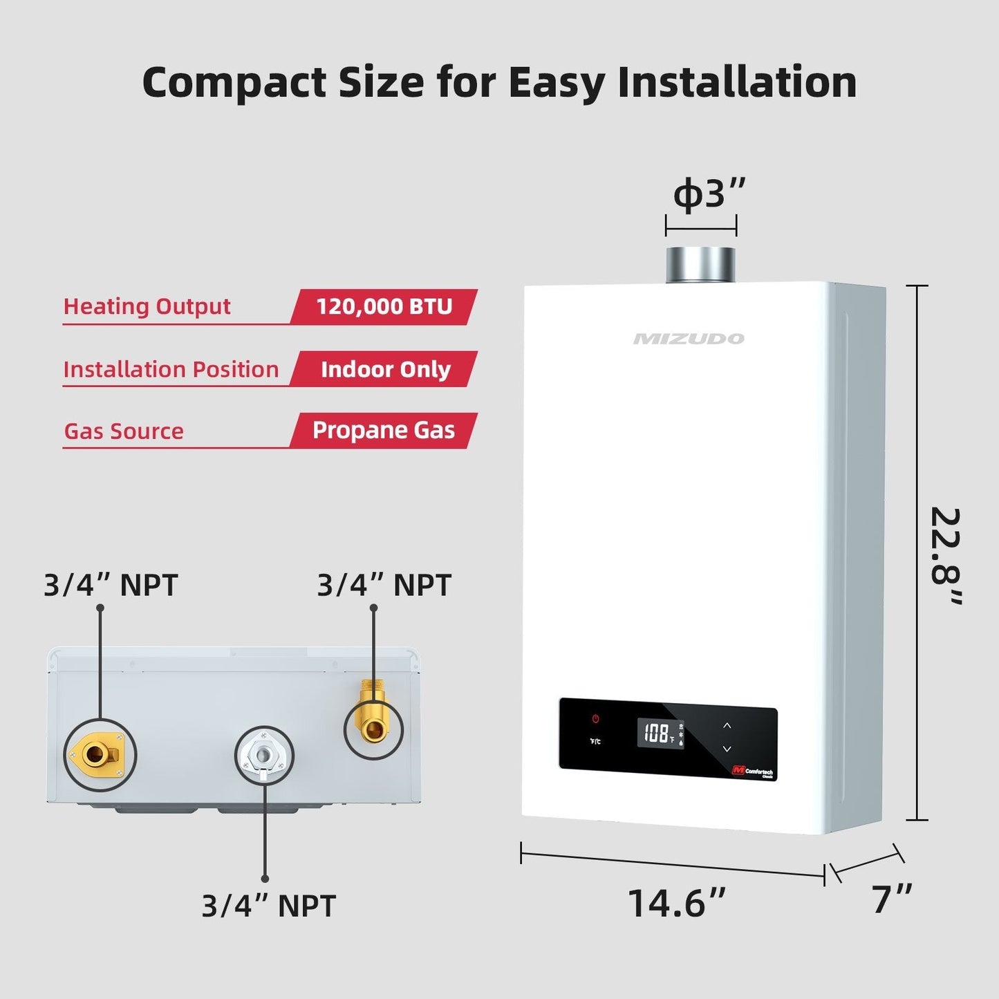 Mizudo CS120 Tankless Water Heater Propane Gas 5.1 GPM 120,000 BTU New - FDG-CS120BW-LP