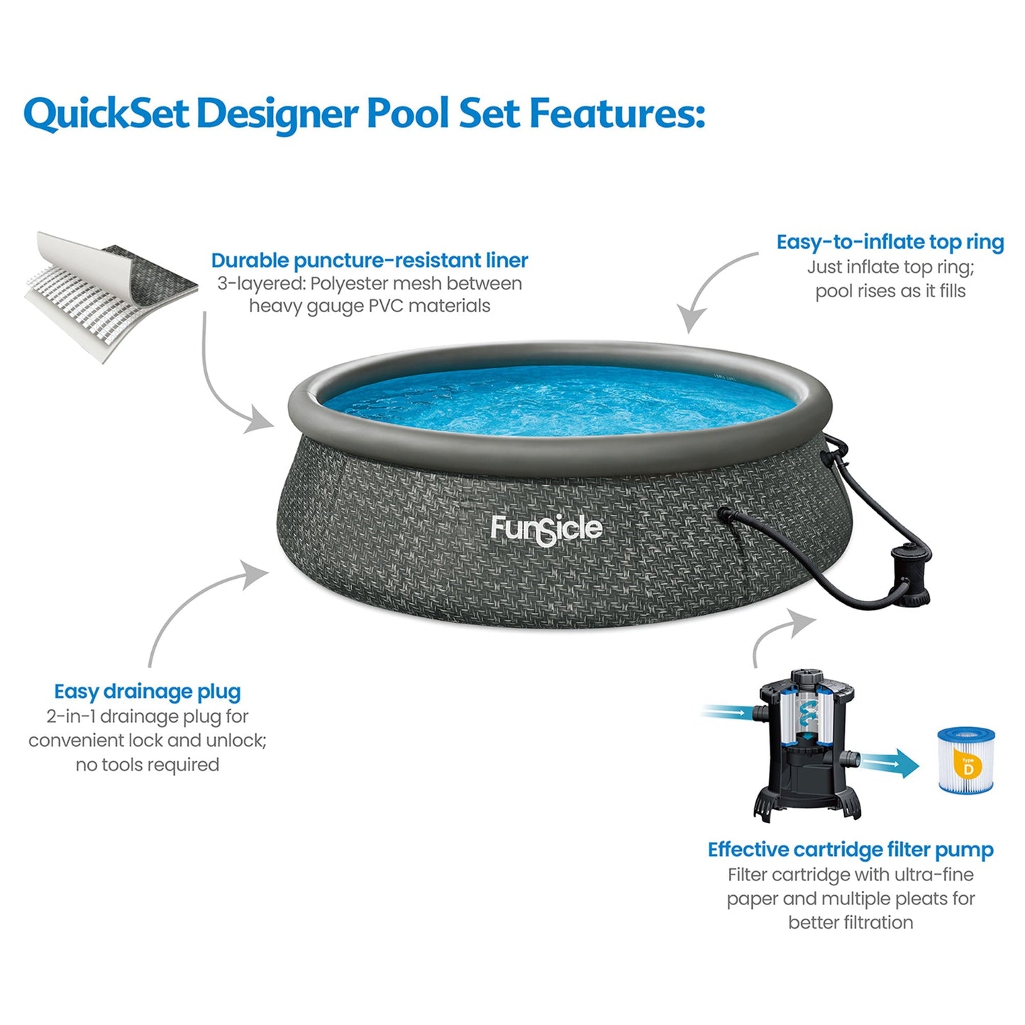 Marcy Funsicle 12' x 36" QuickSet Ring Top Above Ground Swimming Pool, Herringbone - 308879