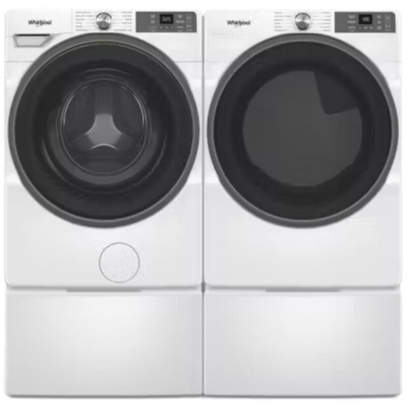 Whirlpool 4.5 cu. ft. Smart Front Load Washer & Whirlpool 27 Inch Smart Electric Dryer with Whirlpool 15.5 Inch Pedestal for Front Load Washer and Dryer - WED5720RW