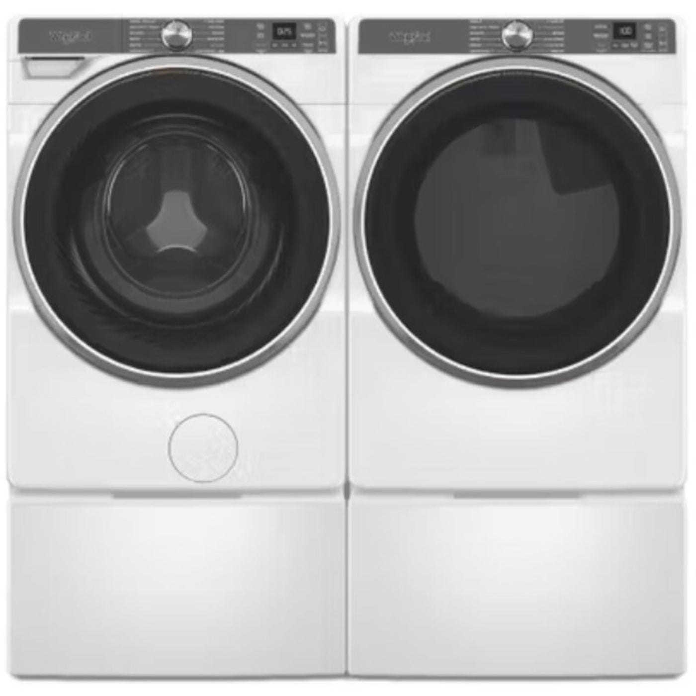 Whirlpool 5.0 cu ft Smart Front Load Washer & Whirlpool 27 Inch Smart Gas Dryer with Whirlpool 15.5 Inch Pedestal for Front Load Washer and Dryer - WGD6720RW