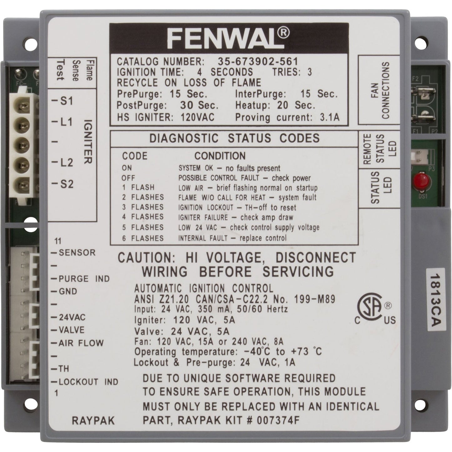 Ignition Control, Raypak Hi Delta 302A/B - 902A/B  - 007374F