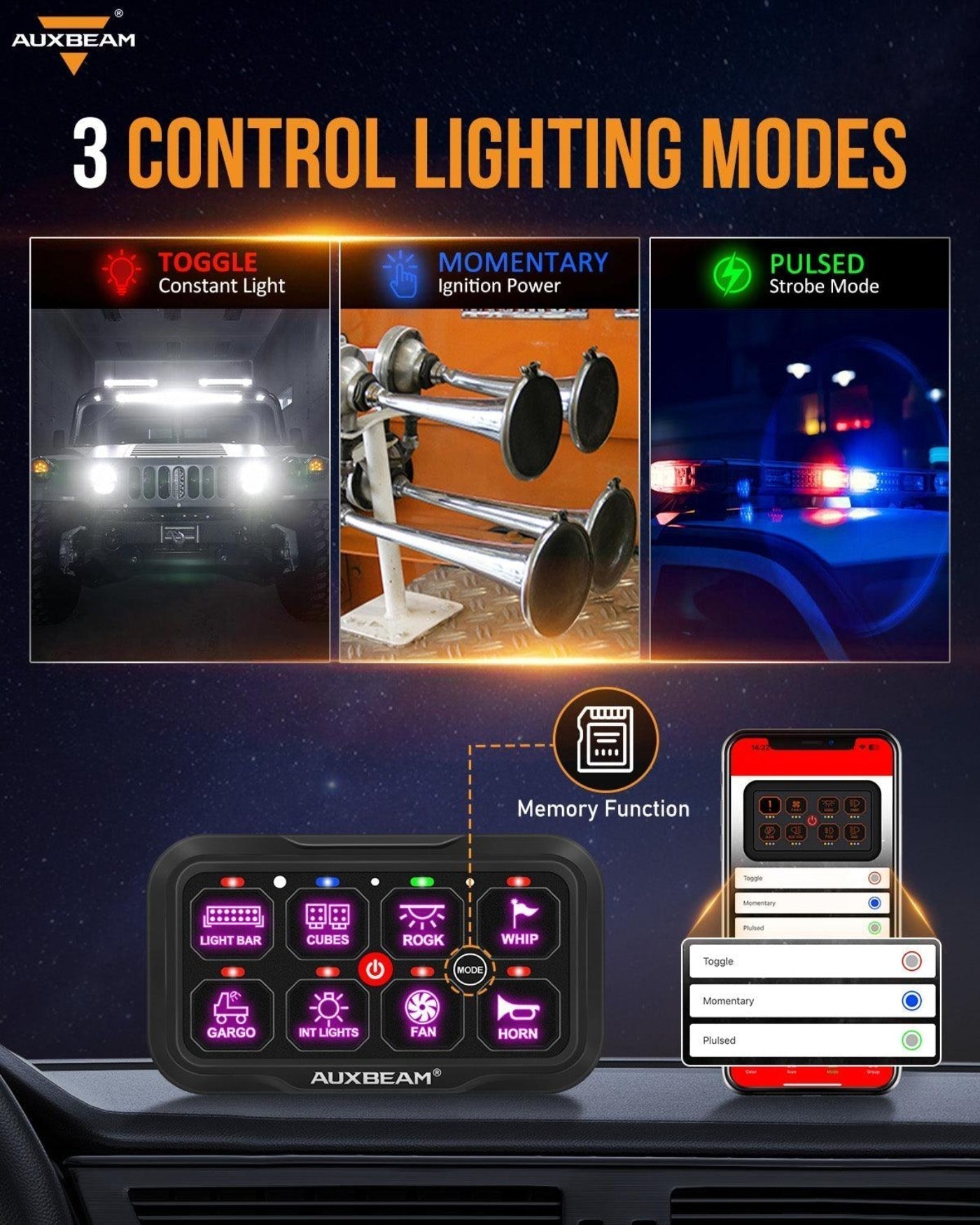 Auxbeam AR-800 RGB Switch Panel with APP+22 Inch 5D-PRO LED Light Bar, Toggle/ Momentary/ Pulsed Mode Supported - GP00012144