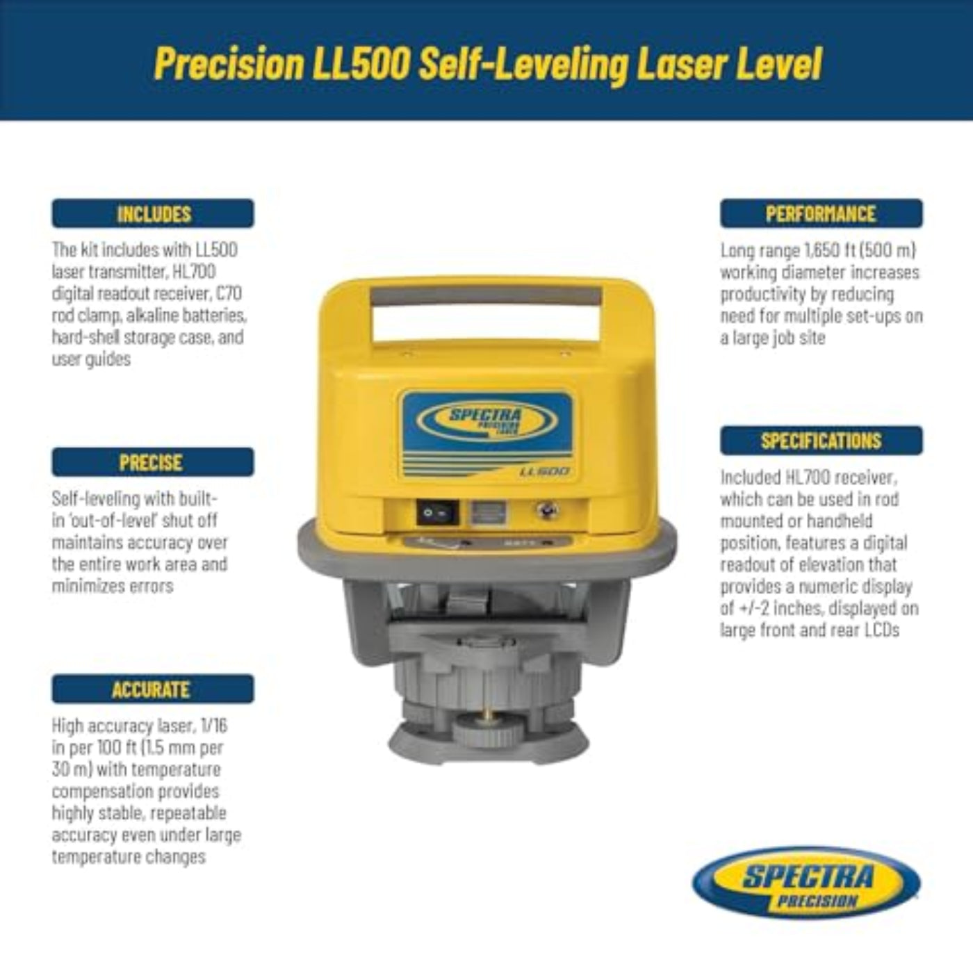 Spectra Precision Self-Leveling Laser Level with Receiver, C70 Rod Clamp, Alkaline Batteries, and Carry Case - LL500