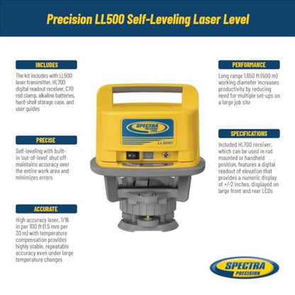 Spectra Precision Self-Leveling Laser Level with Receiver, C70 Rod Clamp, Alkaline Batteries, and Carry Case - LL500