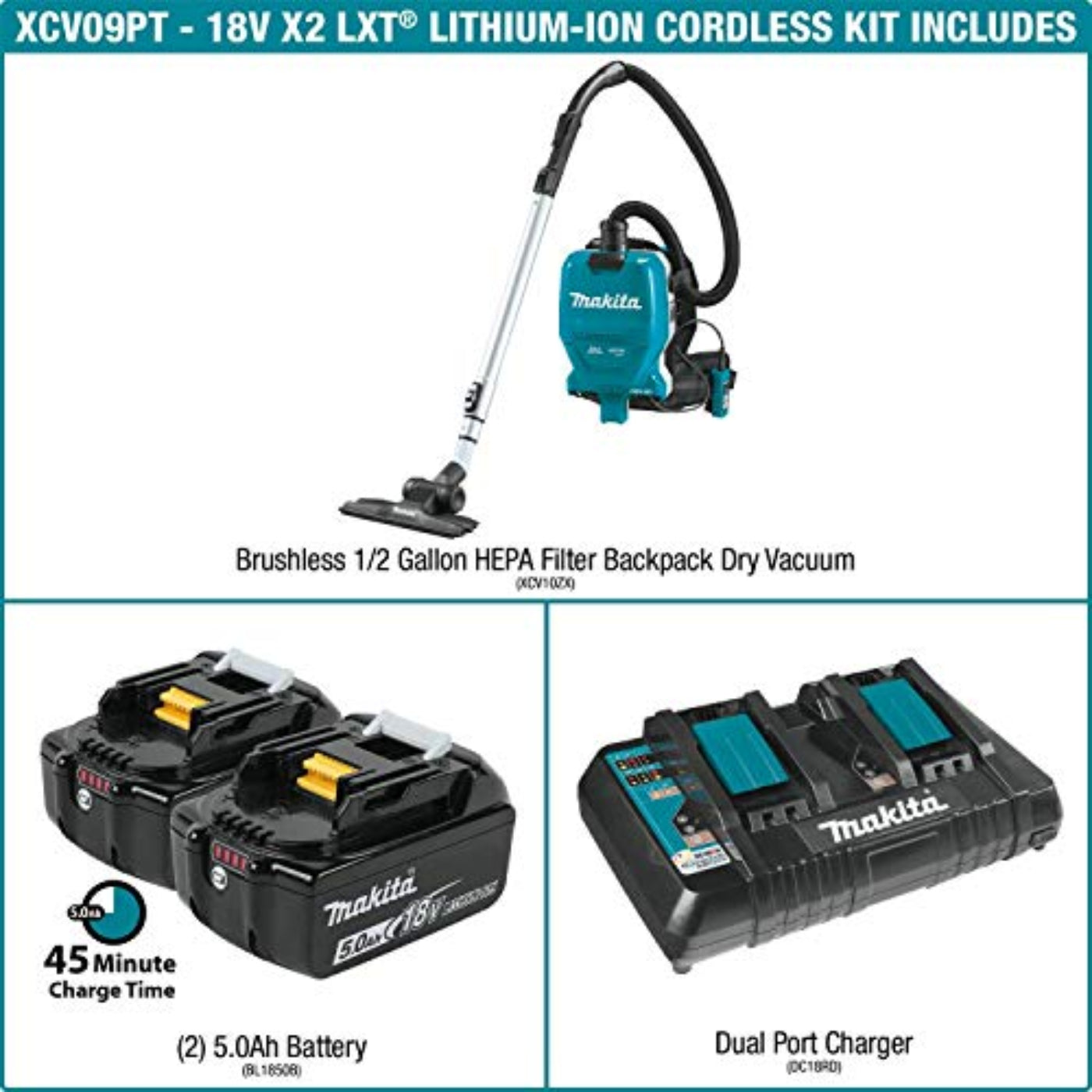 Makita 18V X2 LXT Lithium-Ion (36V) Brushless Cordless 1/2 Gallon HEPA Filter Backpack Dry Vacuum Kit  - XCV09PT