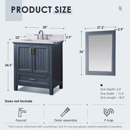 Altair Designs 30" single vanity with top - 538030-WH-CA-NM