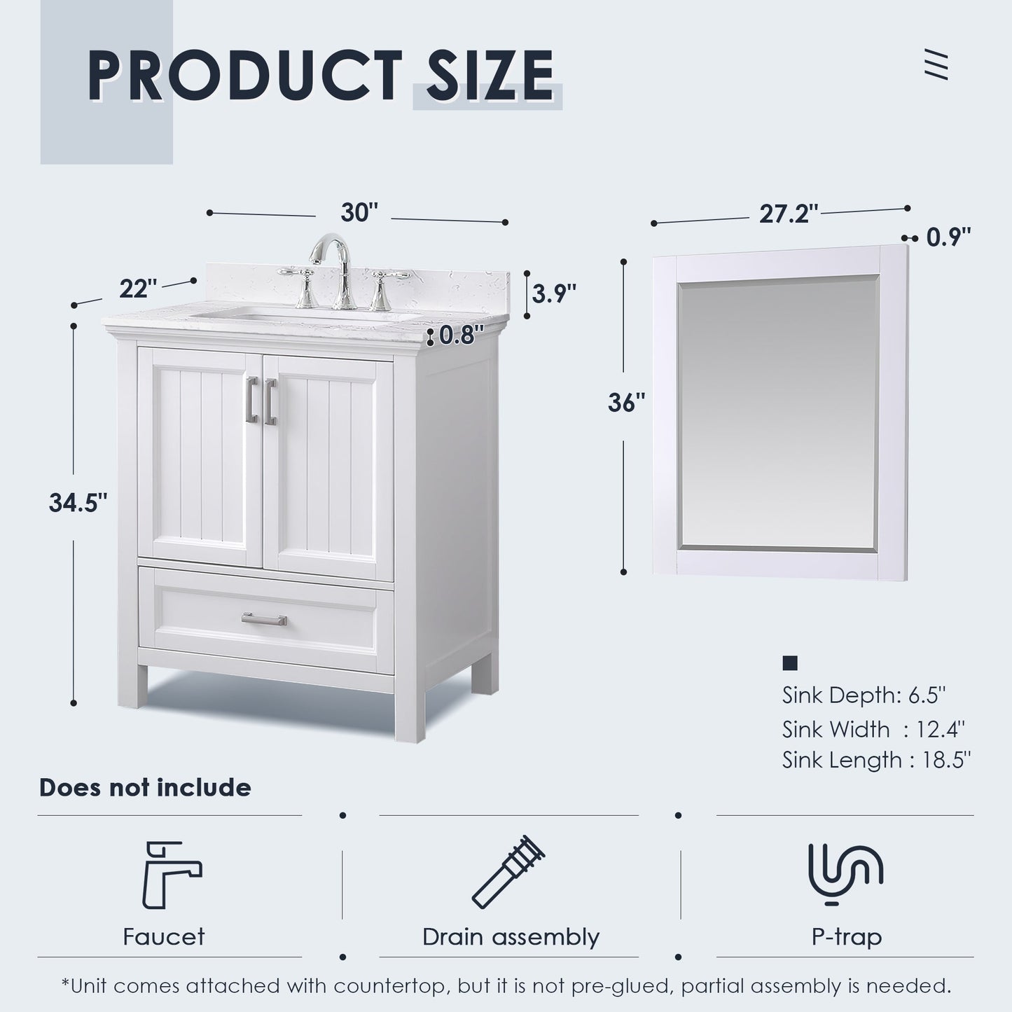 Altair Designs 30" single vanity with top - 538030-WH-CA-NM
