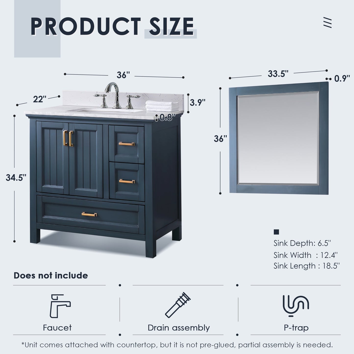 Altair Designs 36" single vanity with top - 538036-WH-CA-NM