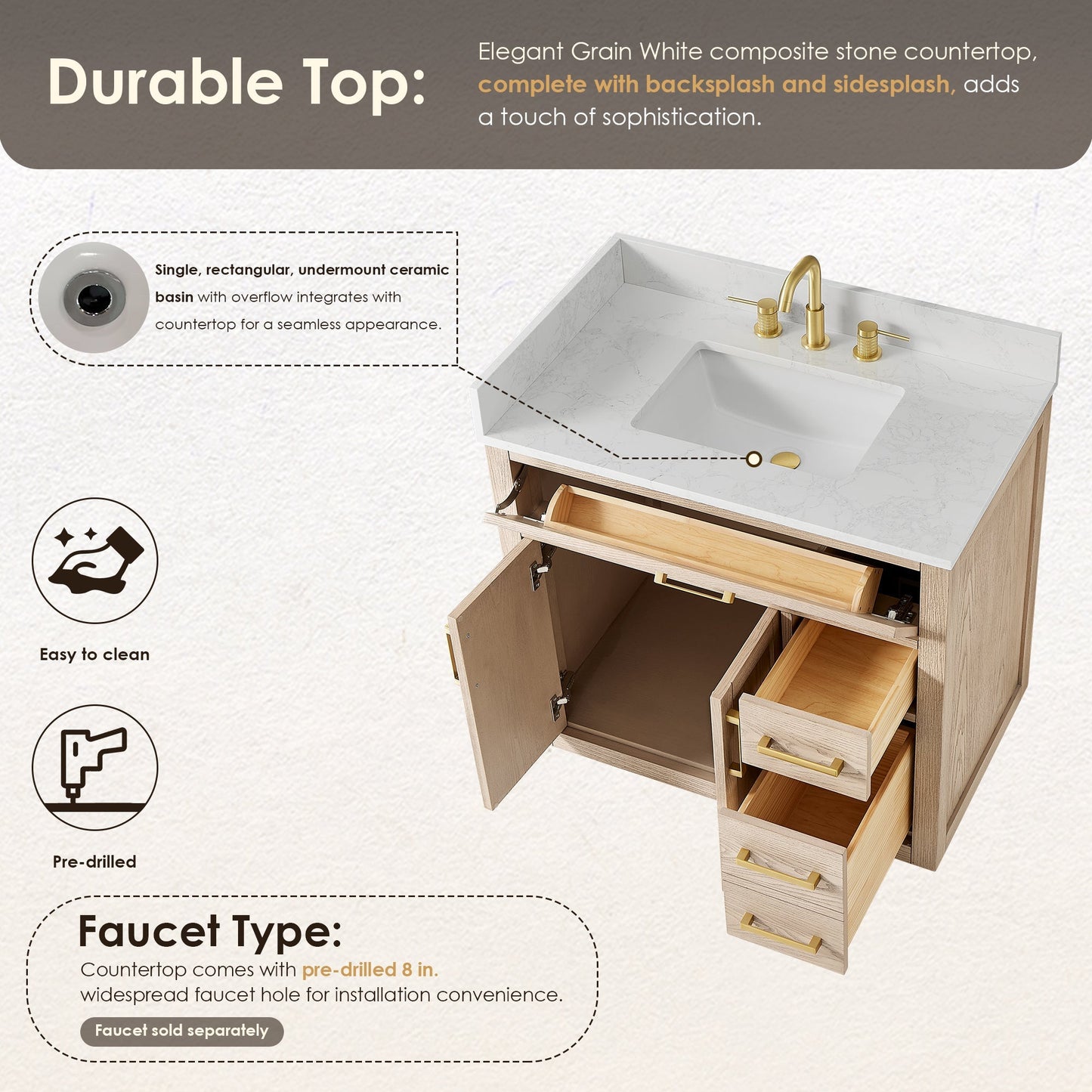 Altair Designs Gavino 36" single vanity with top - 557036-NA-GW-NM