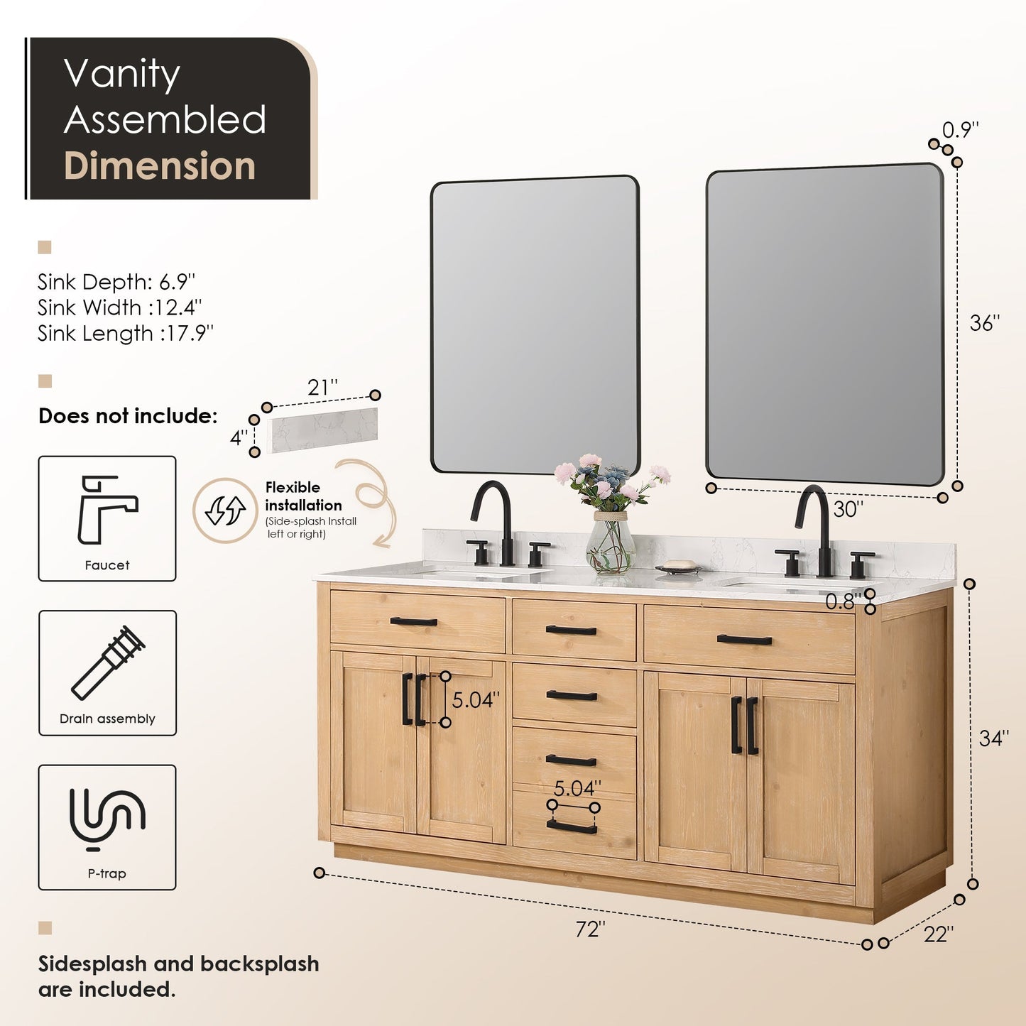 Altair Designs 72" double vanity with top - 557072-WH-GW-NM