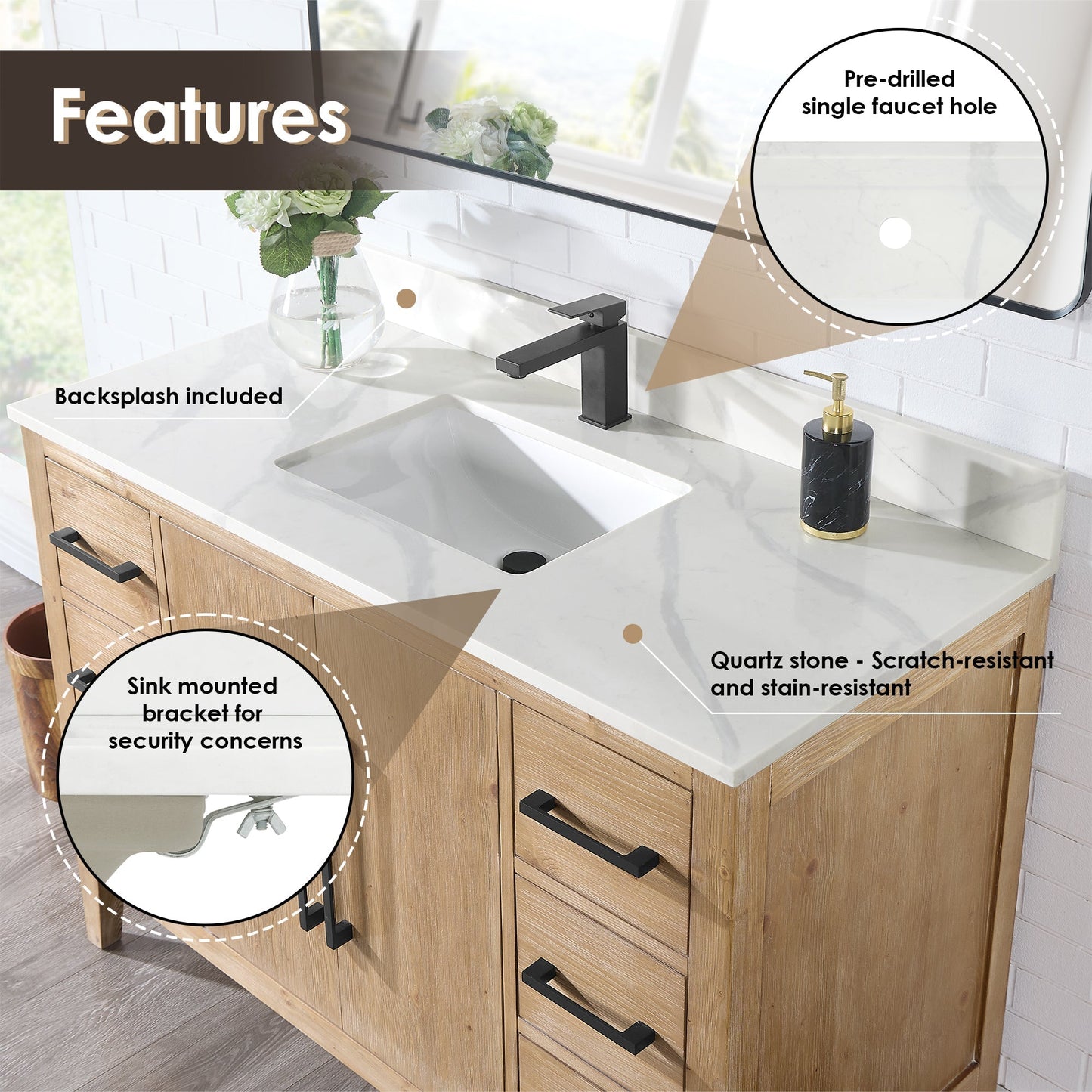Altair Designs Laurel 48" single vanity with top - 558048-WH-CWQ-NM