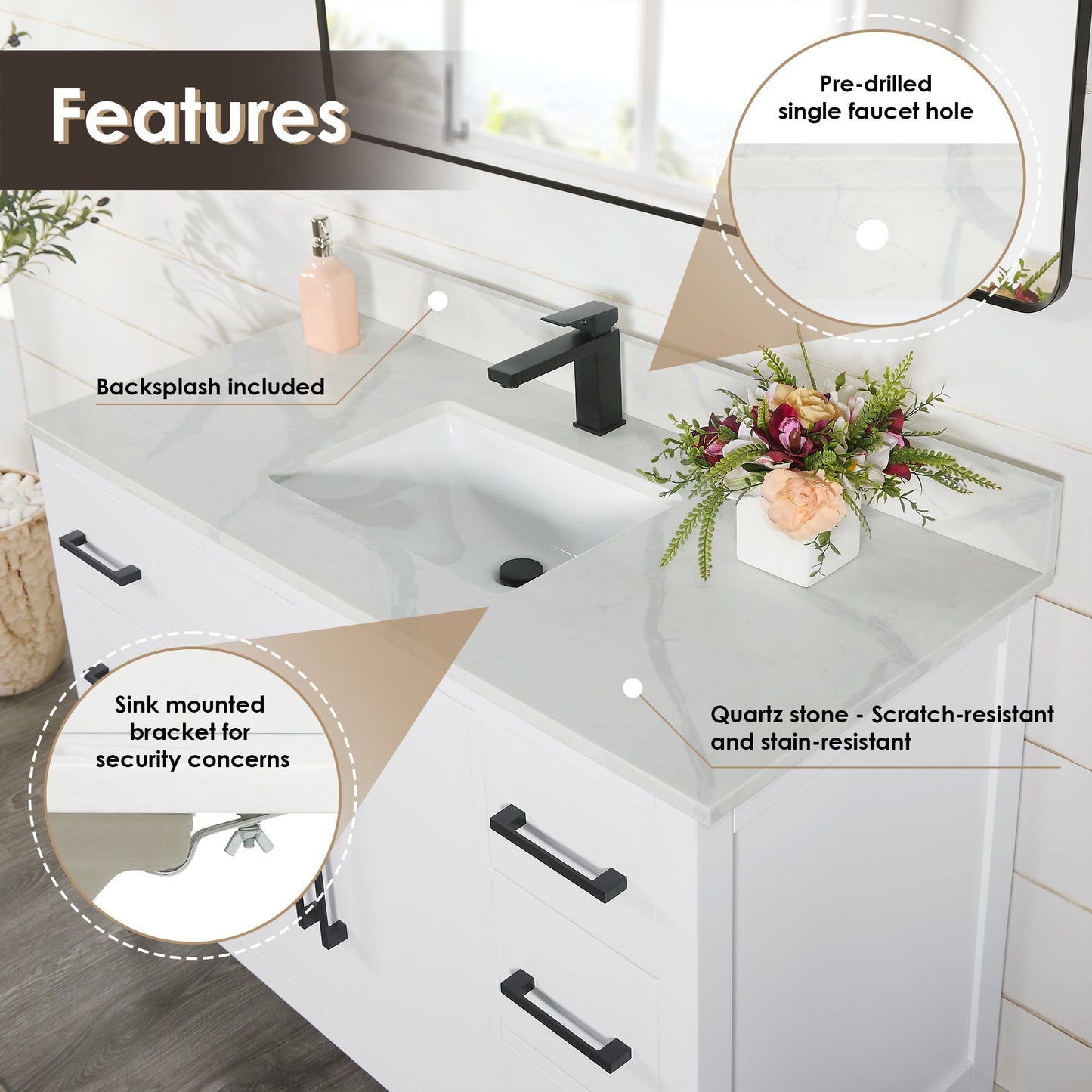 Altair Designs Laurel 48" single vanity with top - 558048-WH-CWQ-NM