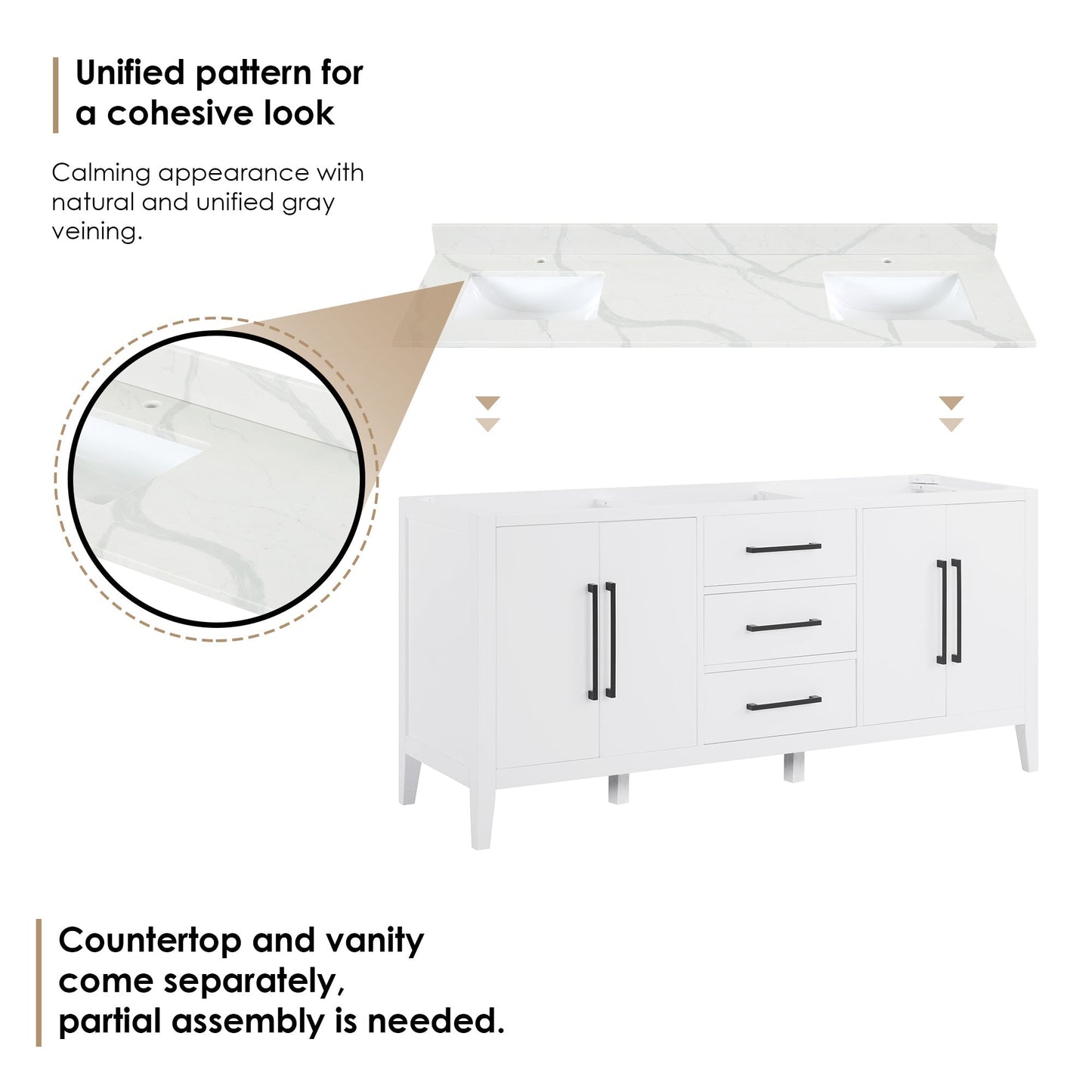 Altair Designs Laurel 72" double vanity with top - 558072-WH-CWQ-NM
