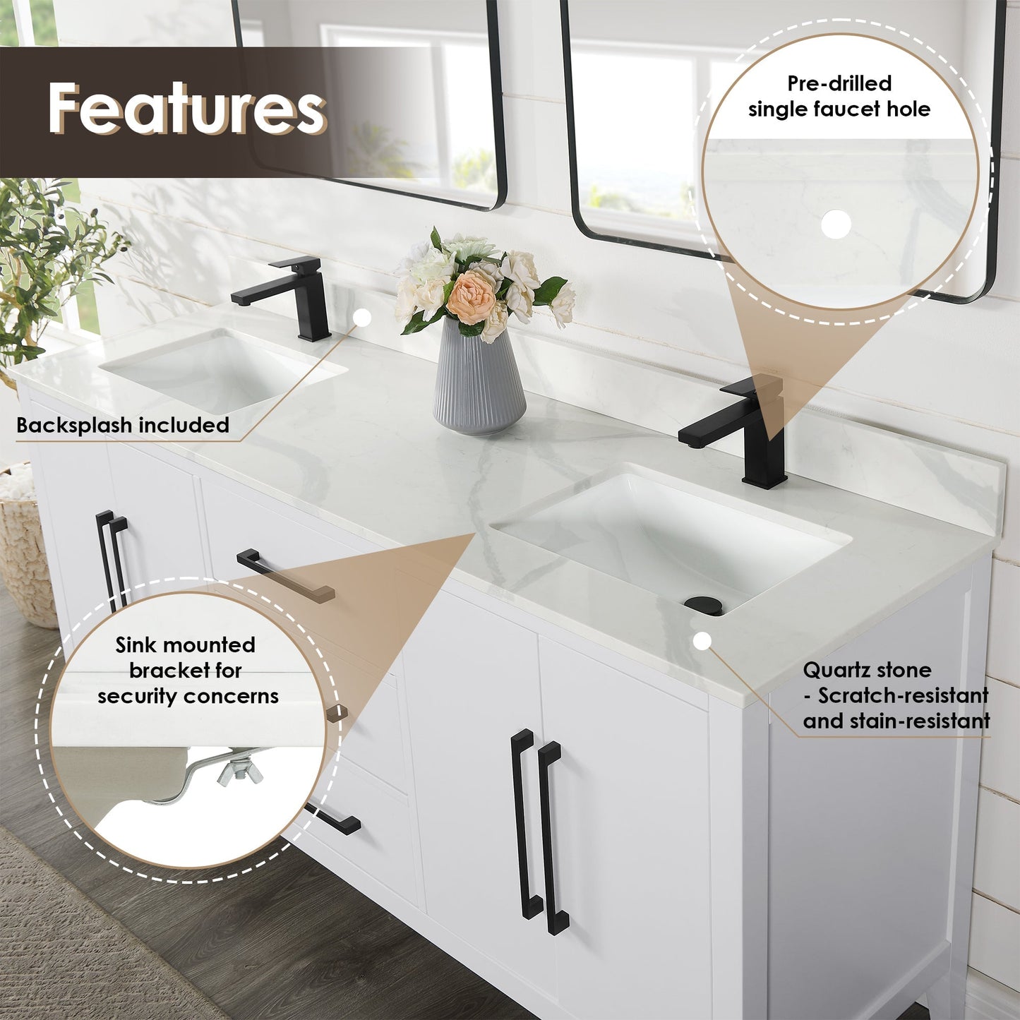 Altair Designs Laurel 72" double vanity with top - 558072-WH-CWQ-NM