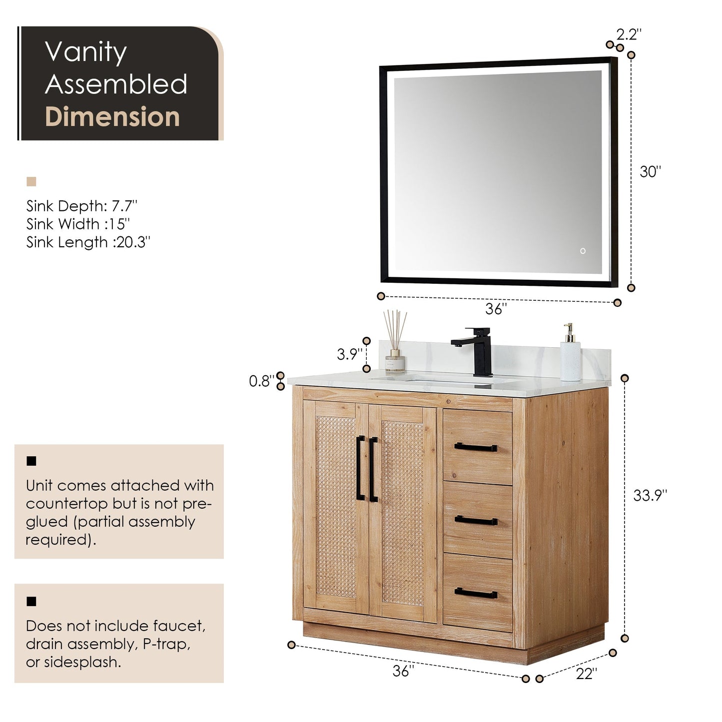 Altair Designs 36" single vanity with top - 561036-LB-CWQ-NM