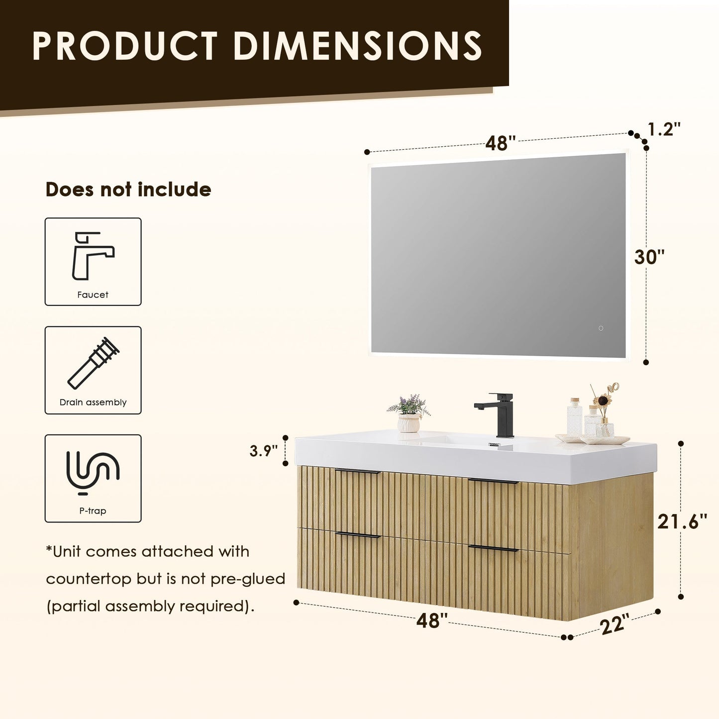 Altair Designs 48" single vanity with top - 563048-NB-WH-NM