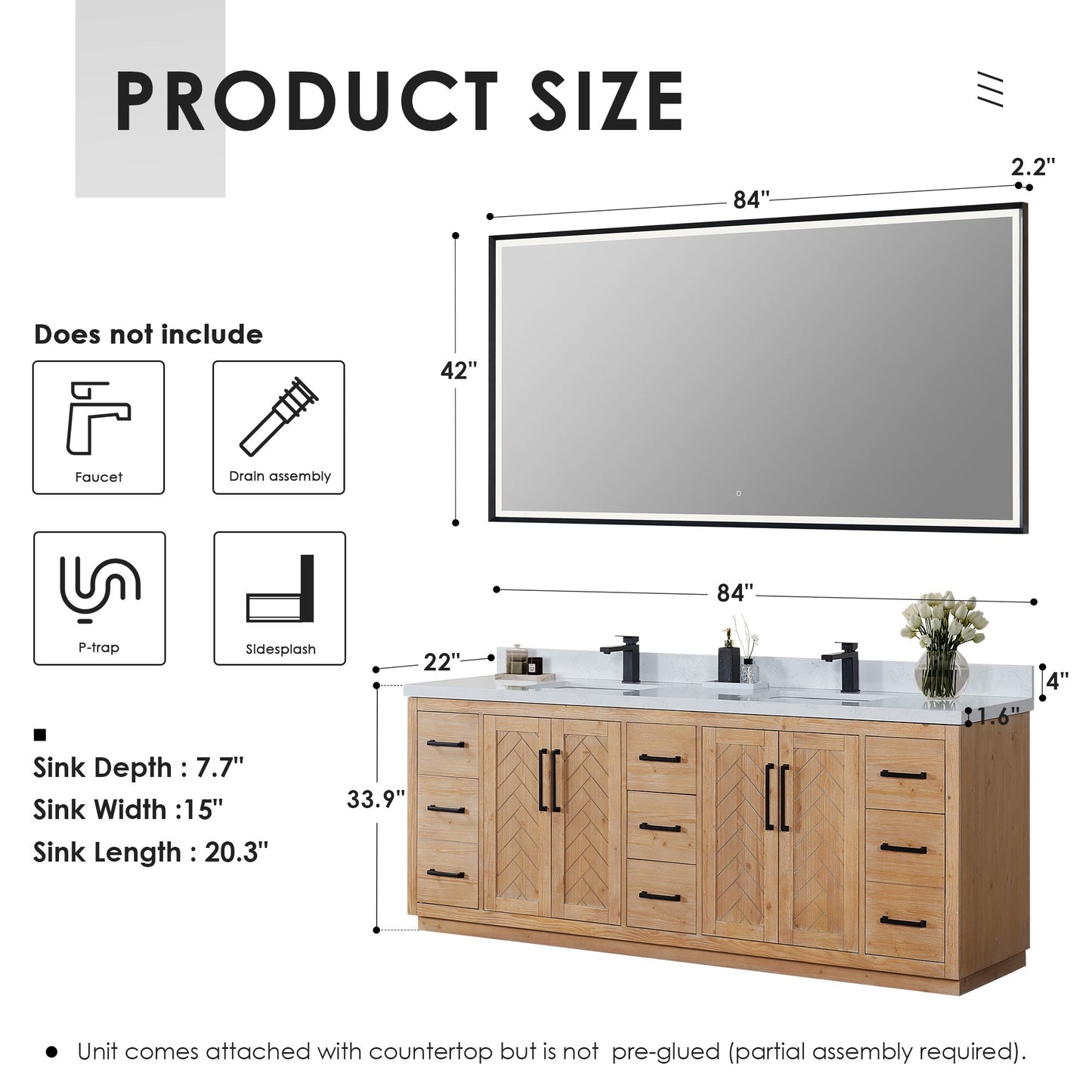 Altair Designs Anais 84" double vanity with top - 565084-LB-GW-NM
