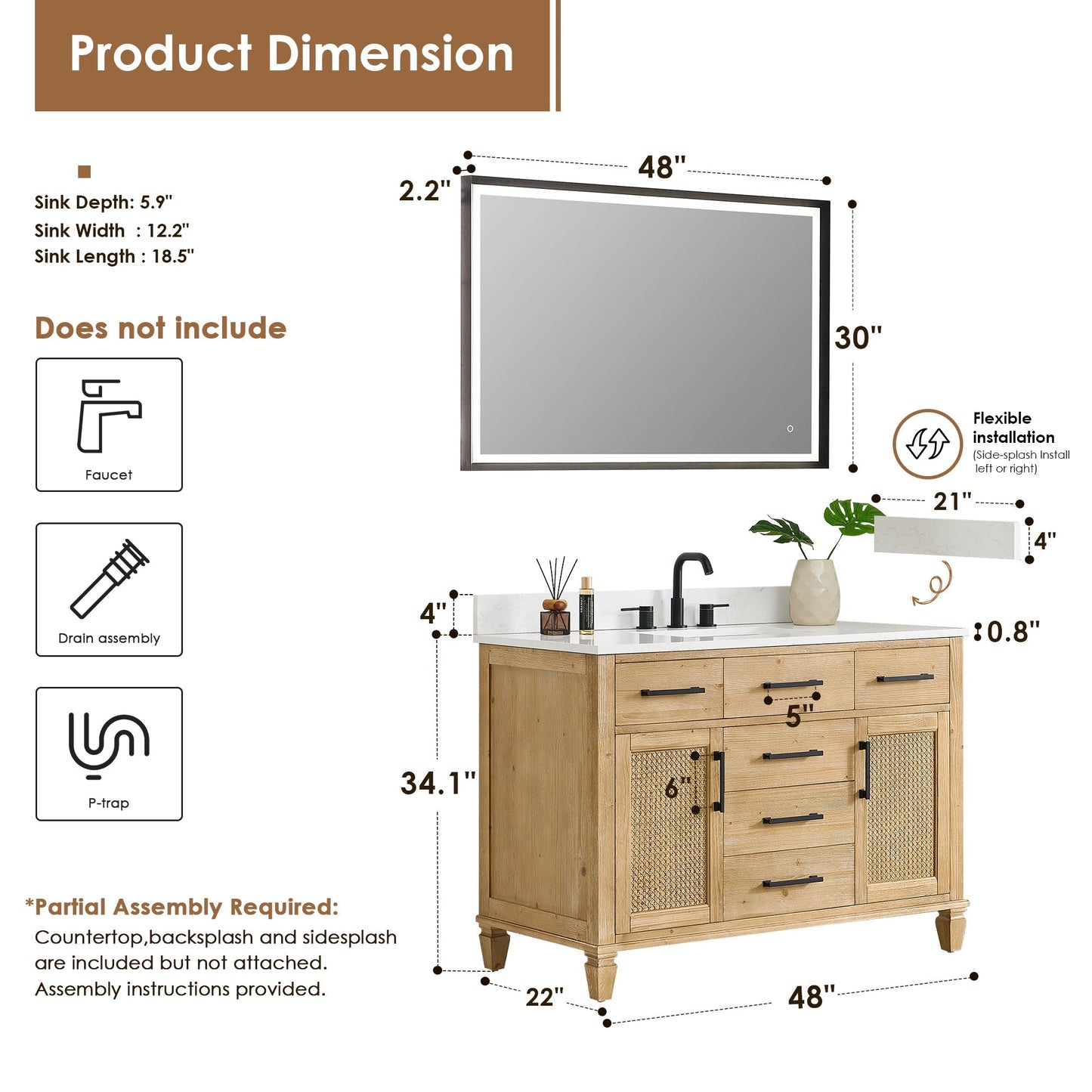 Altair Designs Salome 36"/48"/60"/72"/84" single/double vanity with top - 571036-WF-GW-NM