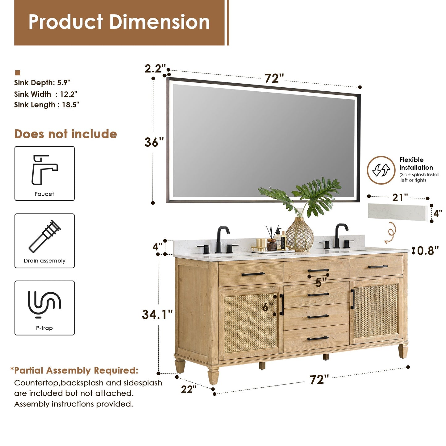 Altair Designs Salome 36"/48"/60"/72"/84" single/double vanity with top - 571036-WF-GW-NM