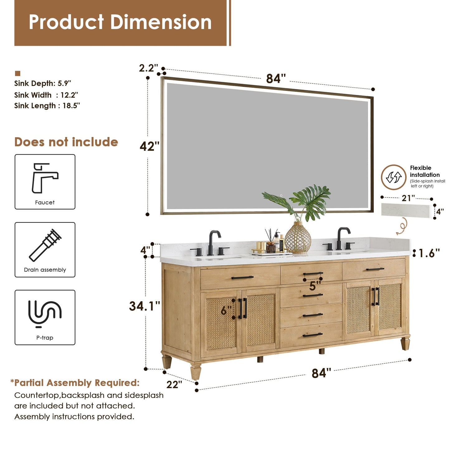 Altair Designs Salome 36"/48"/60"/72"/84" single/double vanity with top - 571036-WF-GW-NM