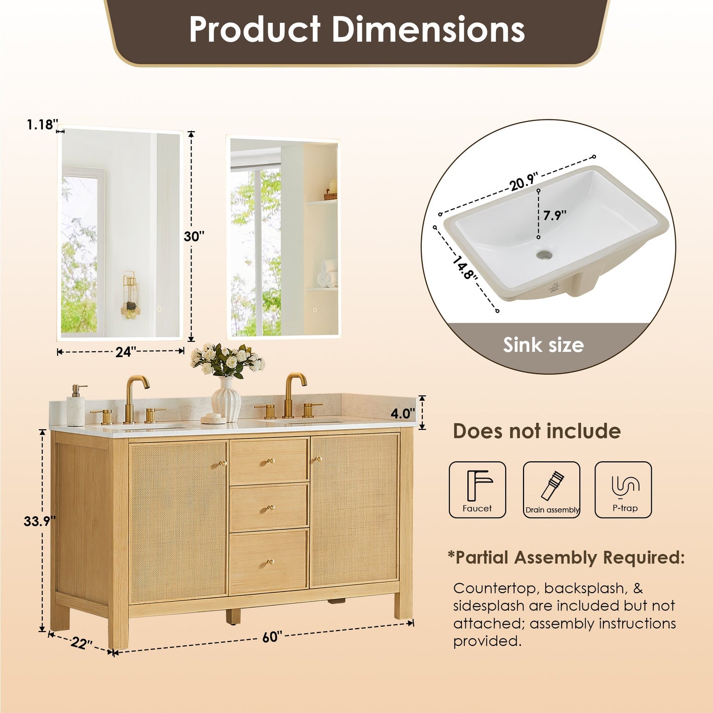 Altair Designs Cedar 36"/48"/60"/72" single/double vanity with top - 576036-NW-GW-NM