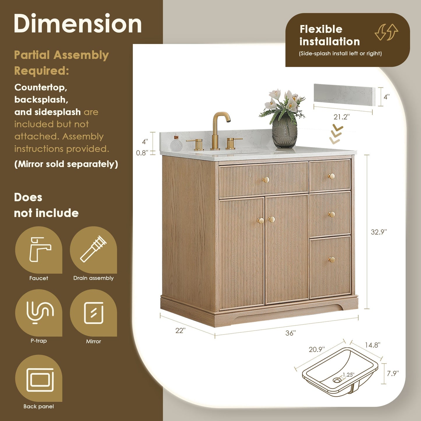 Altair Designs Barnett 36"/48"/60“/72" single/double vanity with top - 589036-NK-GW-NM