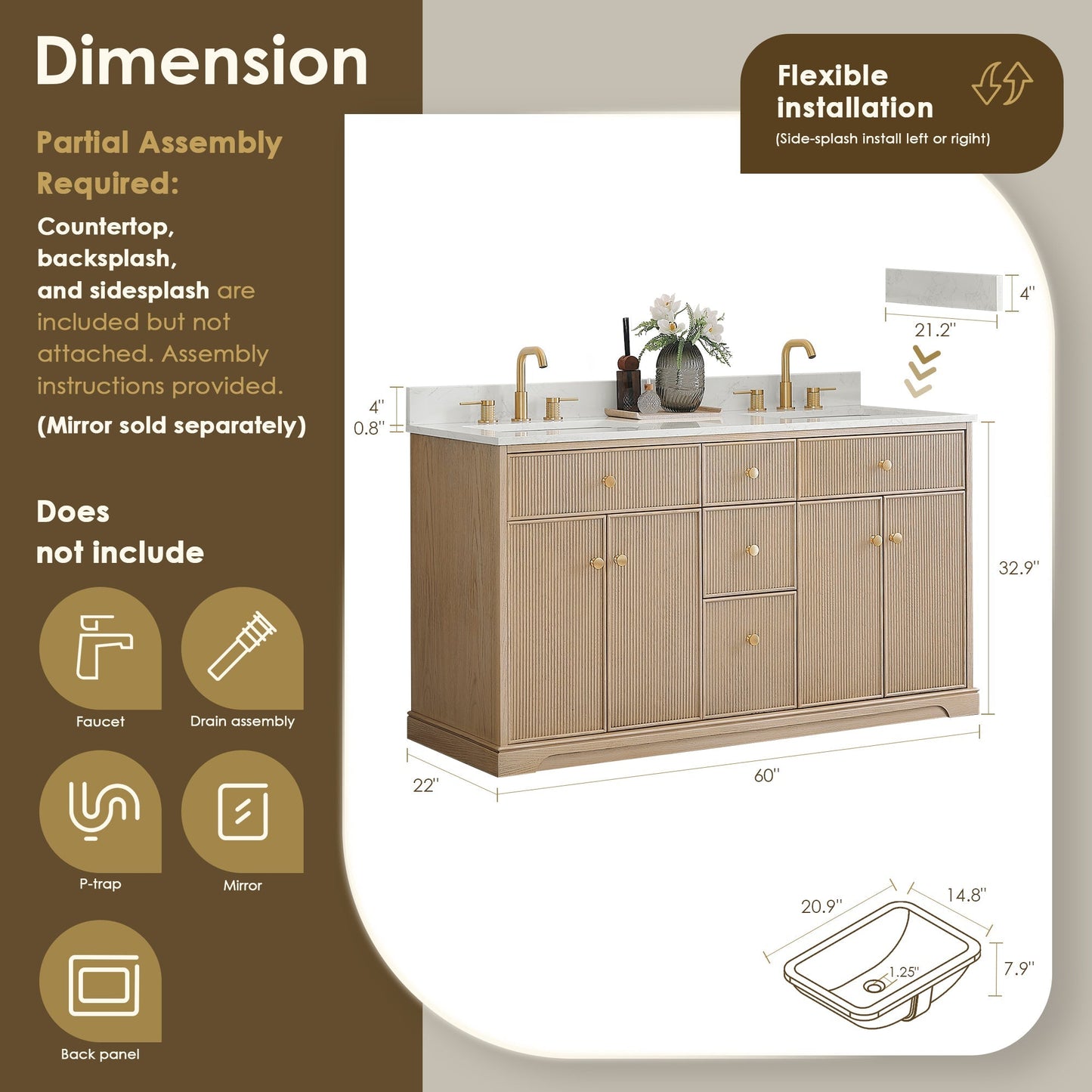 Altair Designs Barnett 36"/48"/60“/72" single/double vanity with top - 589036-NK-GW-NM