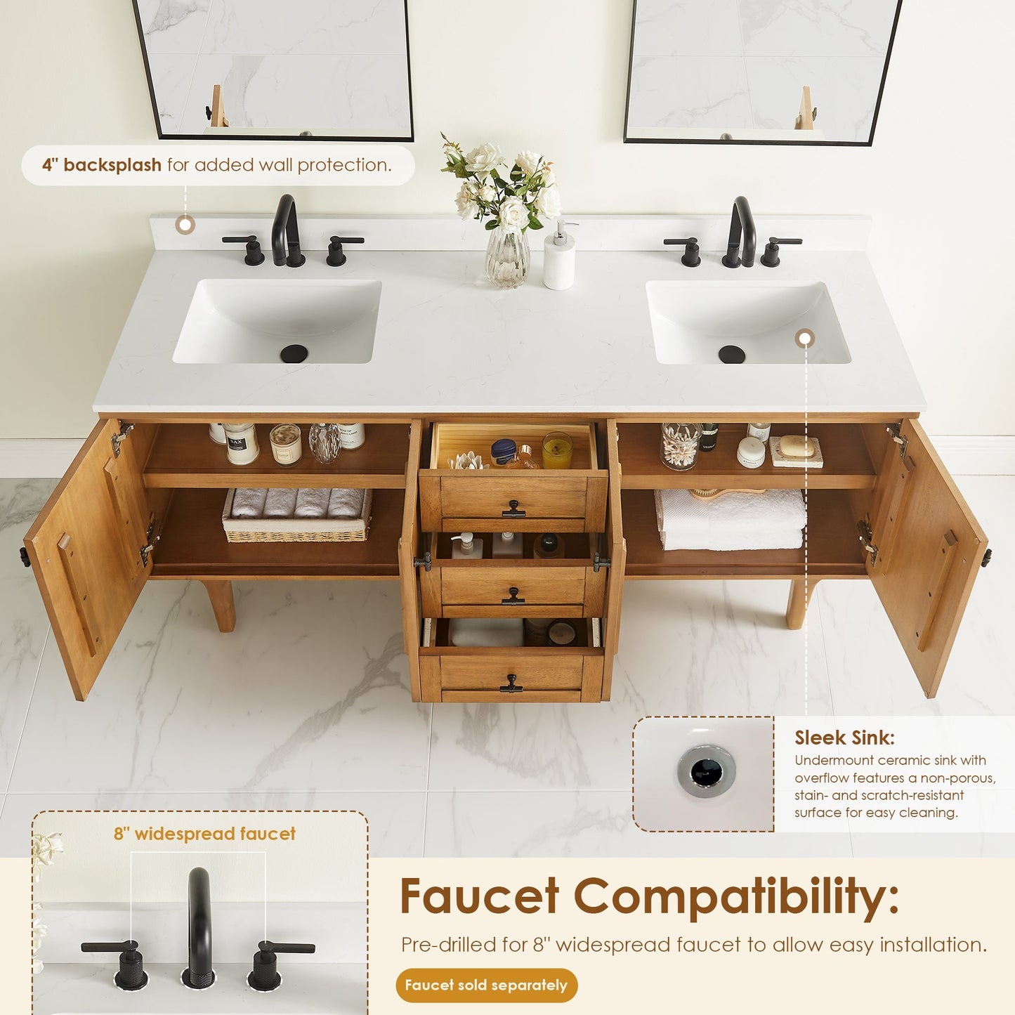 Altair Designs Orasia 36"/48"/60"/72" single/double vanity with top - 595036-MB-CMQ-NM