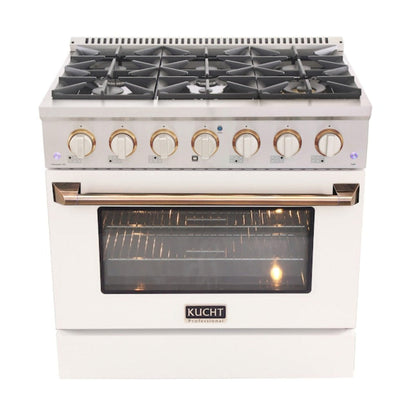 Kucht Signature 36 In. 5.2 cu ft. Natural Gas Range with White Door and Gold Accents - KNG361-W-GOLD