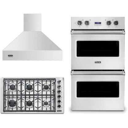 Viking 3-Piece Package 36 Inch Professional 5 Series Gas Cooktop and 30 Inch Double Electric Wall Oven and 36 Inch Wall Mount Range Hood - VGSU53616BSS