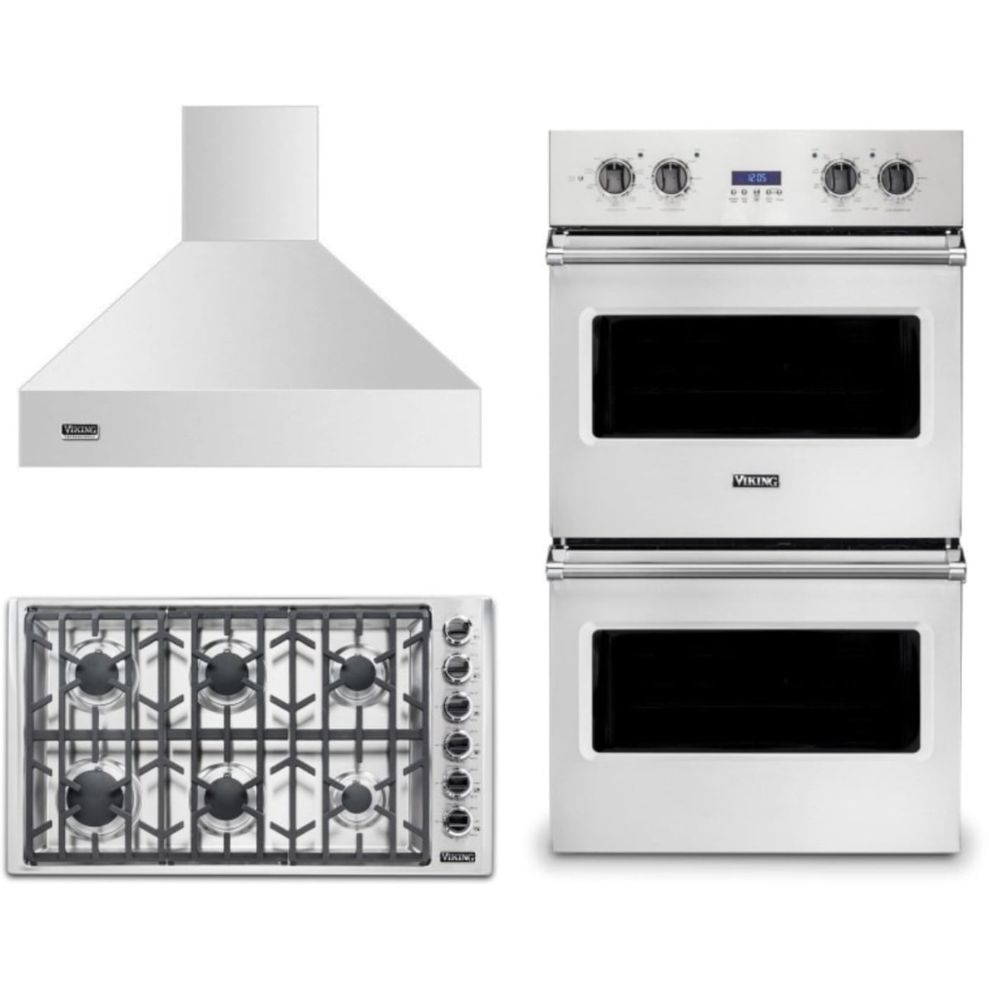 Viking 3-Piece Package 36 Inch Professional 5 Series Gas Cooktop and 30 Inch Double Electric Wall Oven and 36 Inch Wall Mount Range Hood - VGSU53616BSS