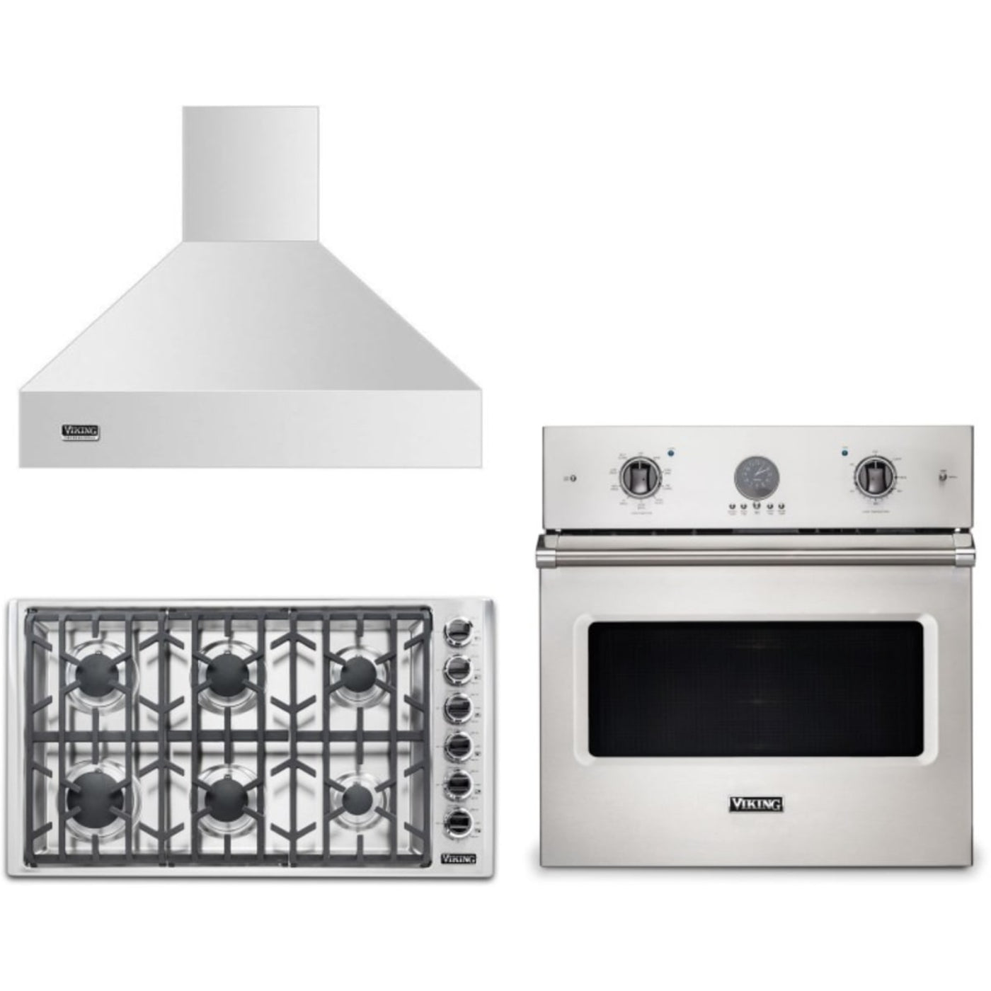 Viking 3-Piece Package 36 Inch Professional 5 Series Gas Cooktop and 30 Inch Single Wall Oven and 36 Inch Wall Mount Range Hood - VSOE530SS