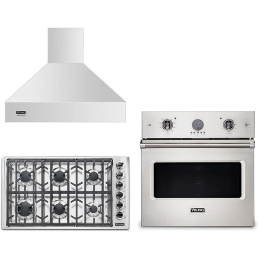 Viking 3-Piece Package 36 Inch Professional 5 Series Gas Cooktop and 30 Inch Single Wall Oven and 36 Inch Wall Mount Range Hood - VSOE530SS