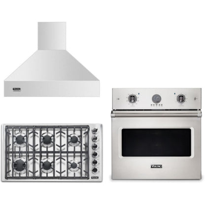 Viking 3-Piece Package 36 Inch Professional 5 Series Gas Cooktop and 30 Inch Single Wall Oven and 36 Inch Wall Mount Range Hood - VSOE530SS