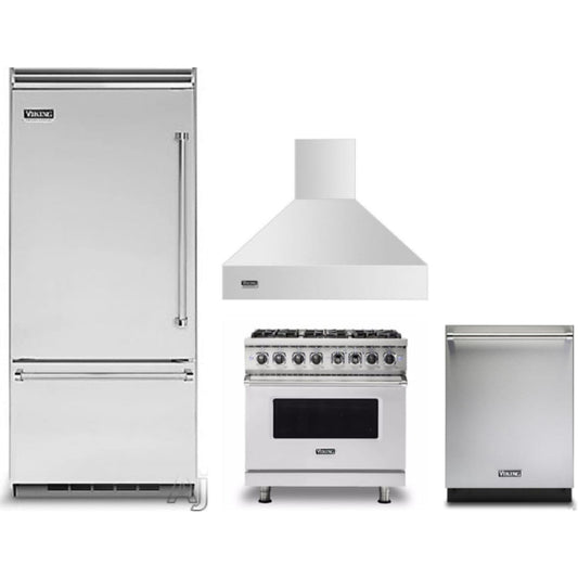 Viking 4-Piece Package 36 Inch Built-In Bottom Mount Refrigerator and 36 Inch Freestanding Dual Fuel Range and 36 Inch Wall Mount Range Hood and 24 Inch Fully Integrated Dishwasher - VCBB5364LSS