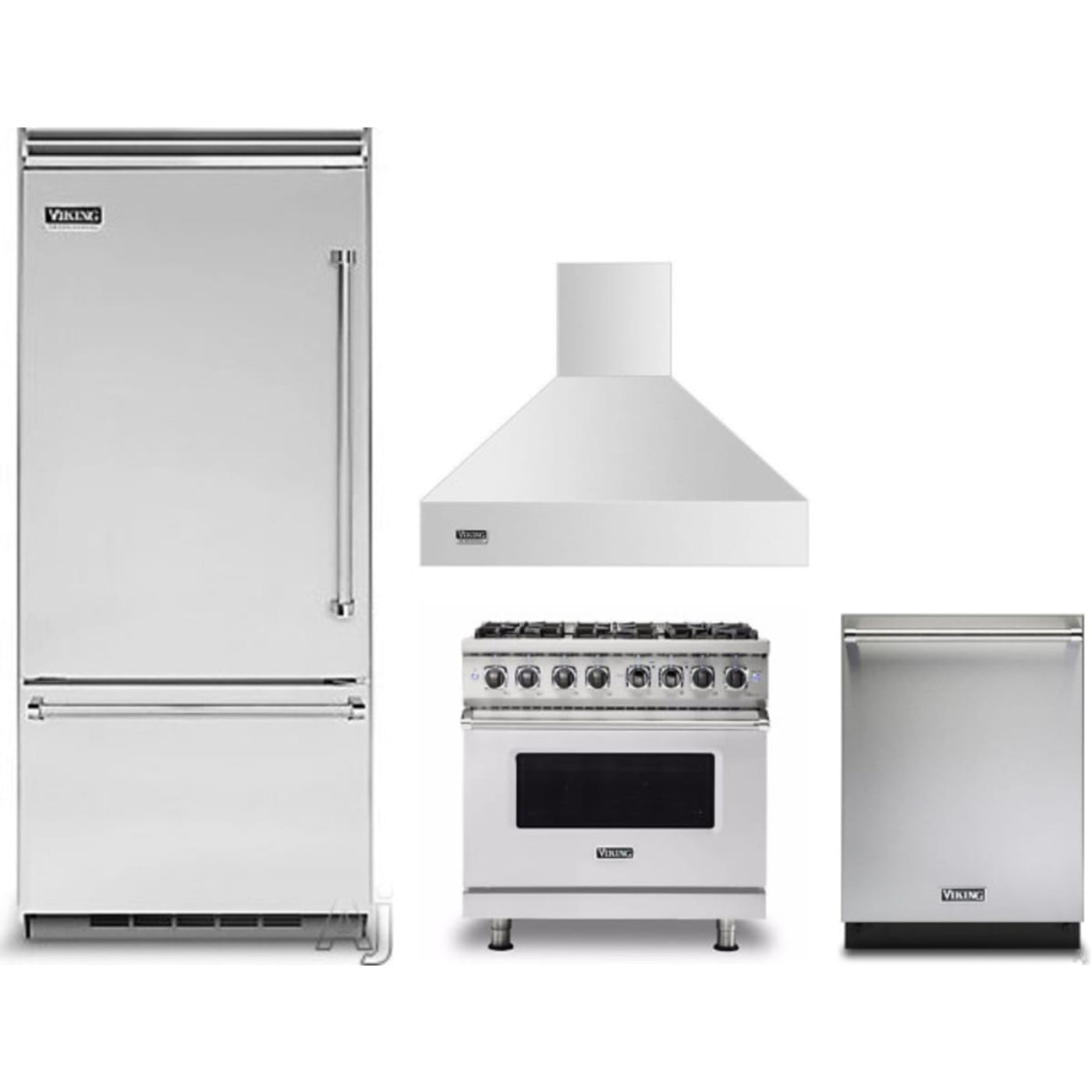 Viking 4-Piece Package 36 Inch Built-In Bottom Mount Refrigerator and 36 Inch Freestanding Dual Fuel Range and 36 Inch Wall Mount Range Hood and 24 Inch Fully Integrated Dishwasher - VCBB5364LSS