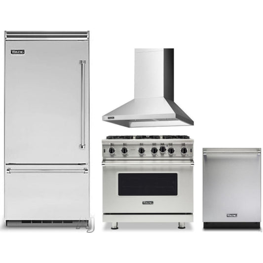 Viking 4-Piece Package 36 Inch Built-In Bottom Mount Refrigerator and 36 Inch Freestanding Professional Gas Range and 24 Inch Fully Integrated Dishwasher and 36 Inch Wall Mount Range Hood - VDWU524SS