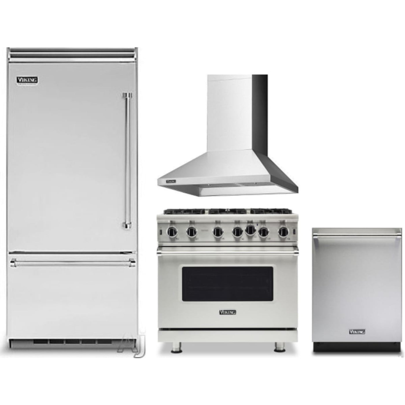 Viking 4-Piece Package 36 Inch Built-In Bottom Mount Refrigerator and 36 Inch Freestanding Professional Gas Range and 24 Inch Fully Integrated Dishwasher and 36 Inch Wall Mount Range Hood - VDWU524SS