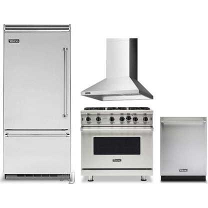 Viking 4-Piece Package 36 Inch Built-In Bottom Mount Refrigerator and 36 Inch Freestanding Professional Gas Range and 24 Inch Fully Integrated Dishwasher and 36 Inch Wall Mount Range Hood - VDWU524SS