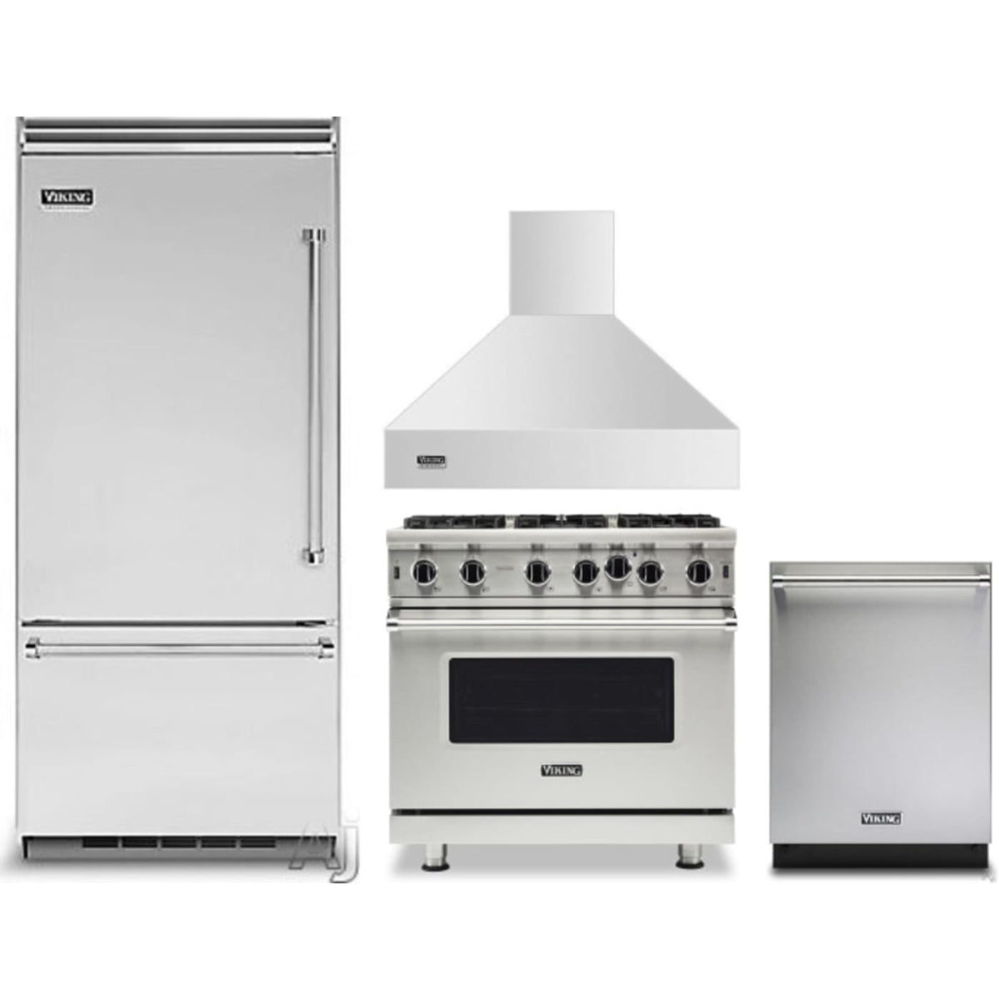 Viking 4-Piece Package 36 Inch Built-In Bottom Mount Refrigerator and 36 Inch Freestanding Professional Gas Range and 24 Inch Fully Integrated Dishwasher and 36 Inch Wall Mount Range Hood - VCBB5364LSS